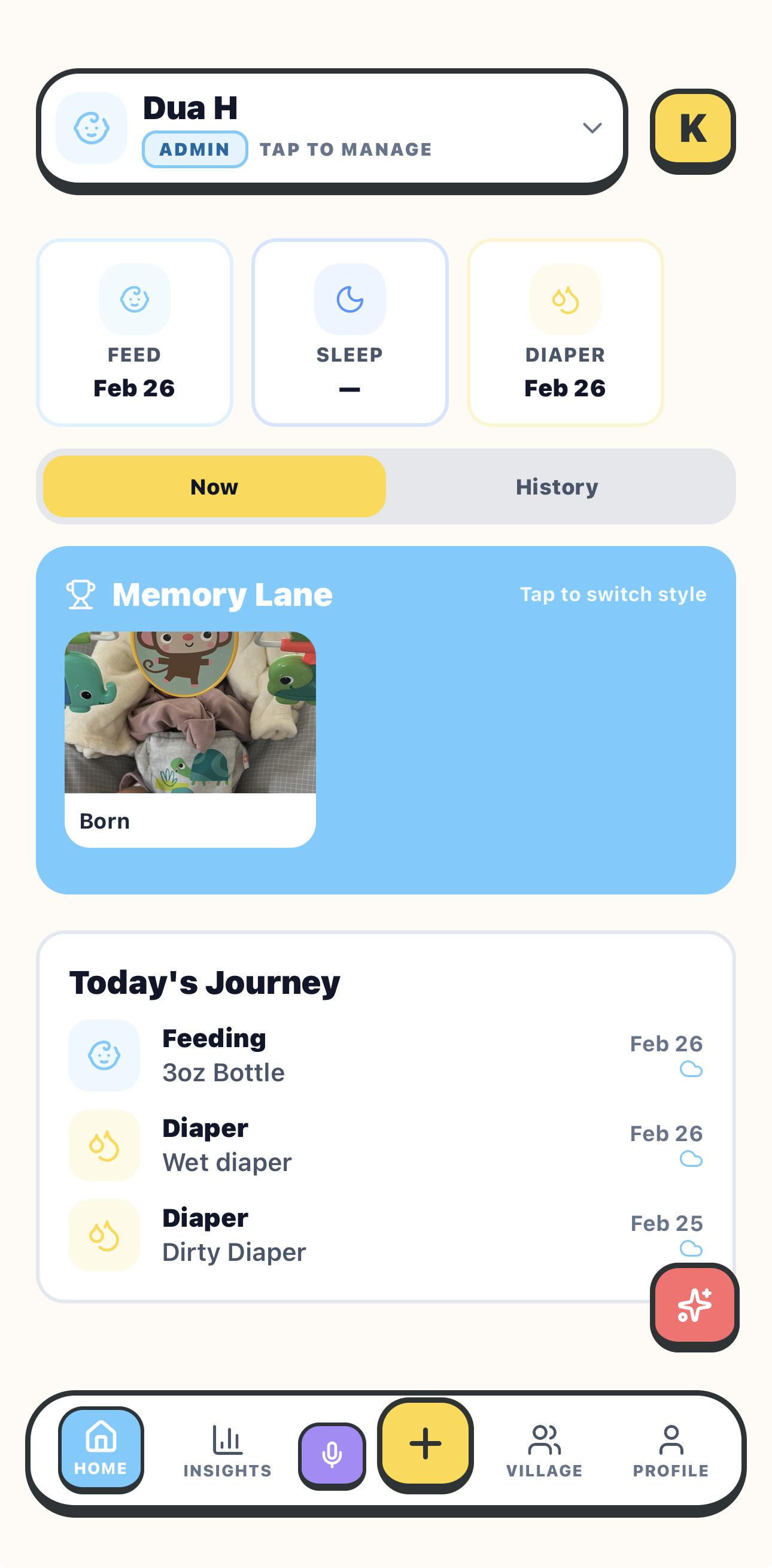 Dashboard with feed, sleep, diaper tracking