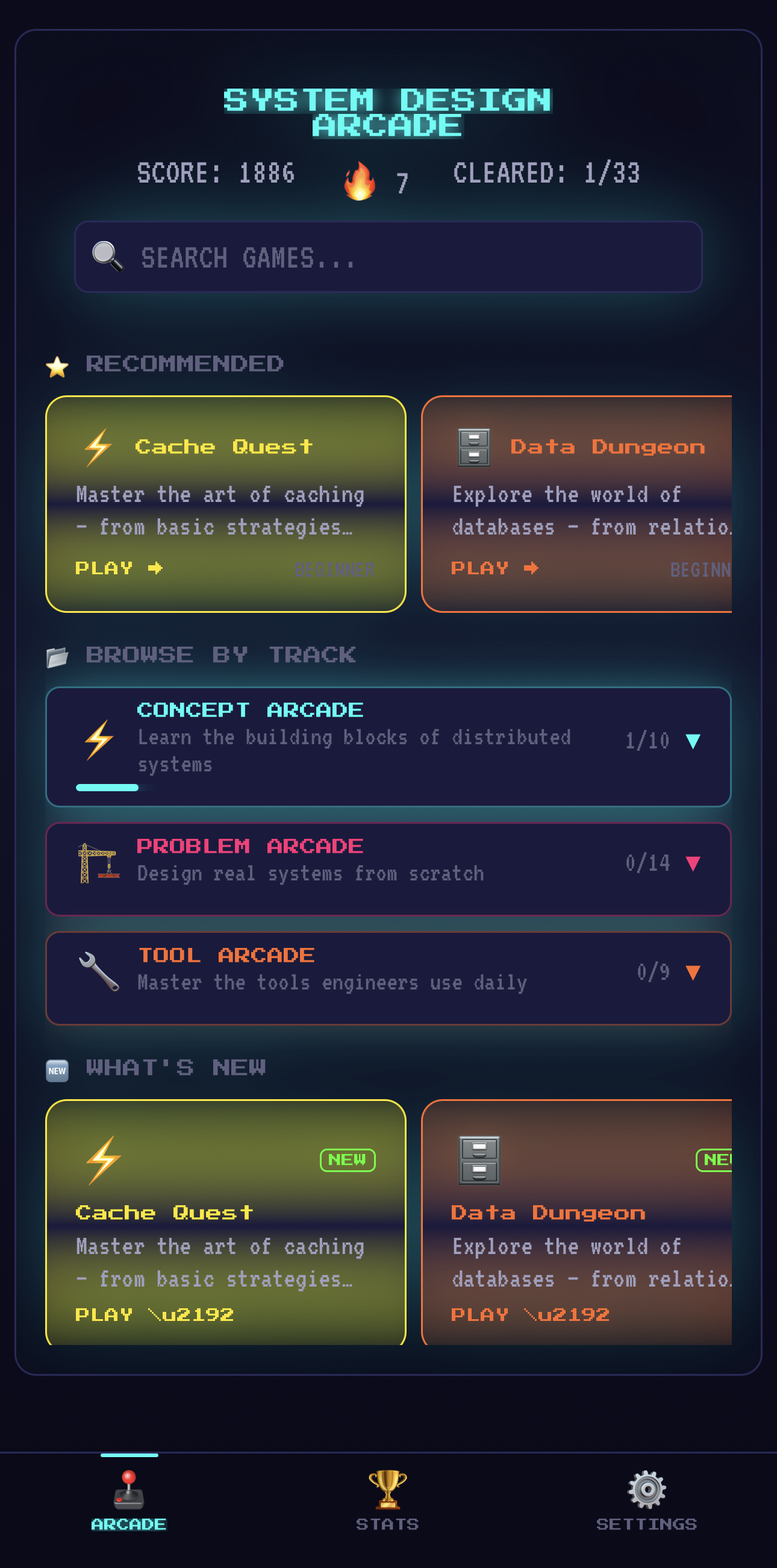 Arcade home screen with recommended games and tracks