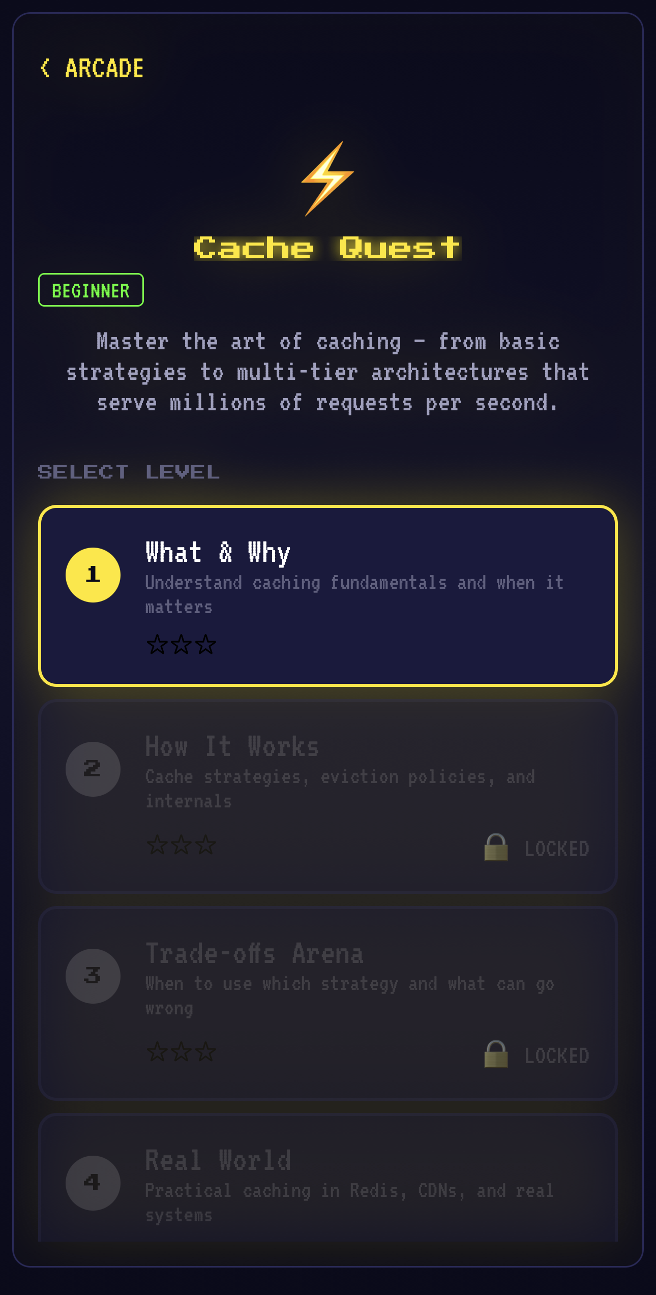 Cache Quest level selection with progressive unlock